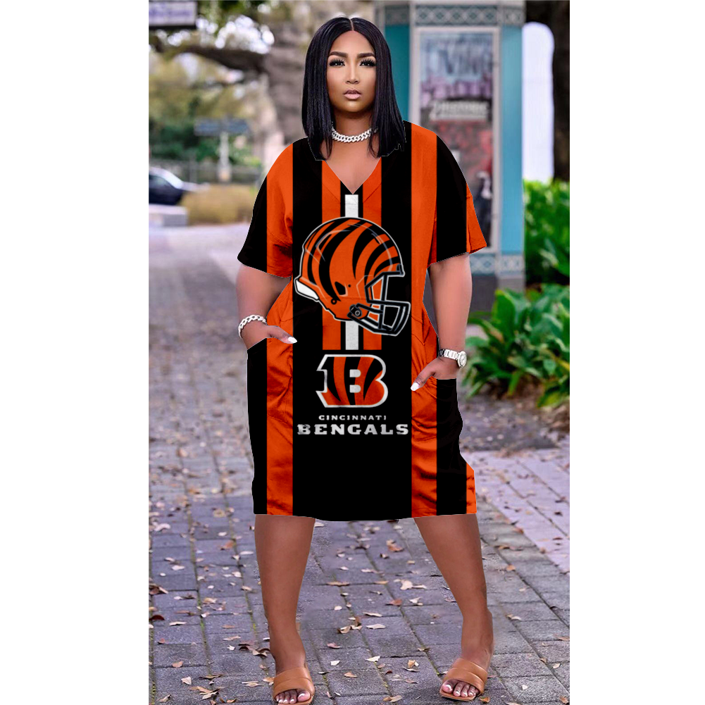 Cincinnati Bengals V-Neck Jacket Short-Sleeved Bat-Sleeved Dress