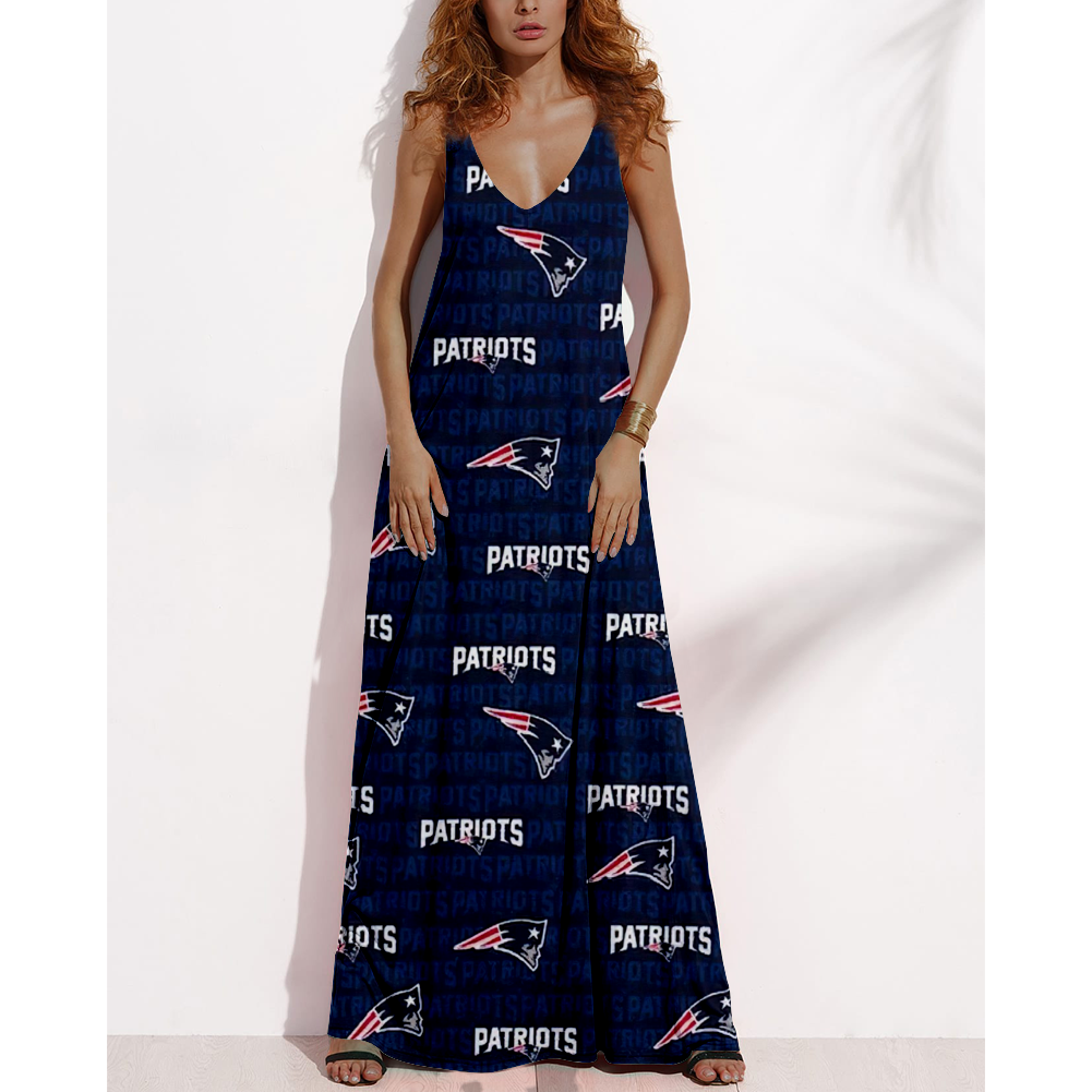 Women's Summer NEW ENGLAND PATRIOTS Fan Print V-neck Sleeveless Loose Long A-line Dress