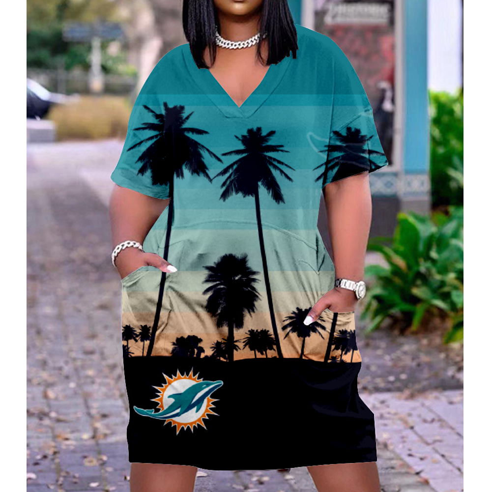 Miami Dolphins Print V-Neck Dress Short Sleeve